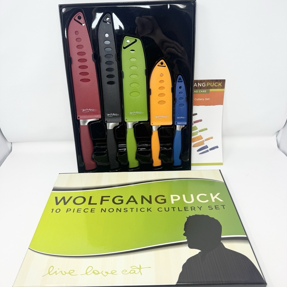 Wolfgang Puck 10 Piece Colored Nonstick Cutlery 5 Knives  & 5 Sheath Set